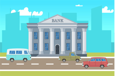 City landscape with bank building&2C; cars&2C; skylines silhouettes vector i