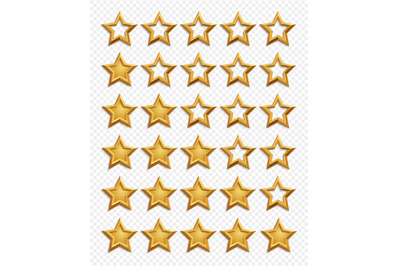 Five stars rating system. Gold stars rating vector isolated on transpa