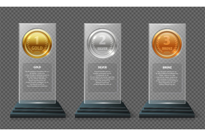 Gold silver and bronze medal trophy. Realistic crystal vector awards i