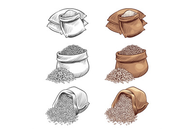 Hand drawn rice sacks vector set. Sketch rice isolated on white backgr