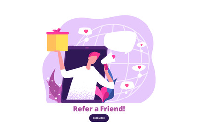 Man with megaphone offers referral gifts. Digital marketing and referr