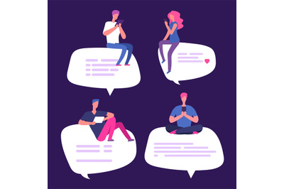 People sit on speech bubbles with smartphones vector illustration