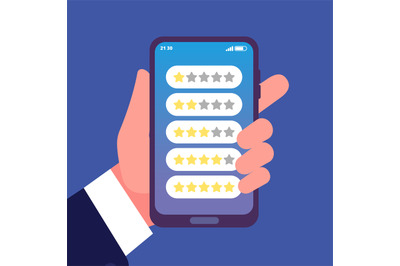 Phone rating scales. Hand holding smartphone, feedback or review stars