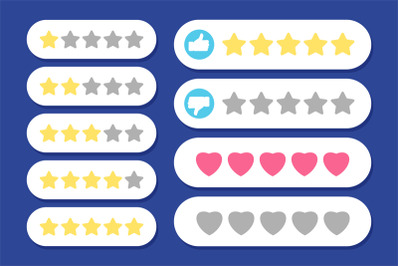 Rating rows. Stars hearts like and dislike vector icons