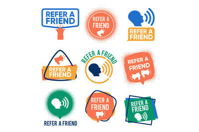 Refer a friends banners vector set. Referral program labels isolated o