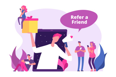 Refer a friends vector illustration. Man with megaphone offers referra