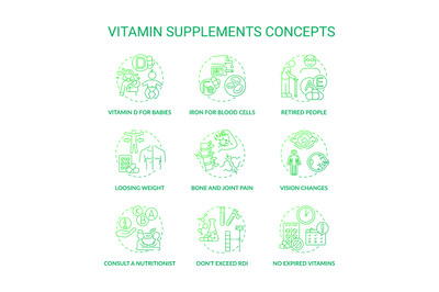 Vitamin supplements concept icons set