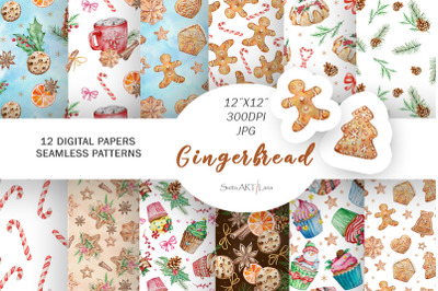Gingerbread Digital Paper, Watercolor Christmas Patterns
