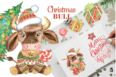 New Years bull watercolor clipart. Symbol of 2021. Christmas animal.
