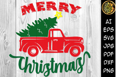 Merry Christmas Retro Truck SVG, Clipart Design Elements