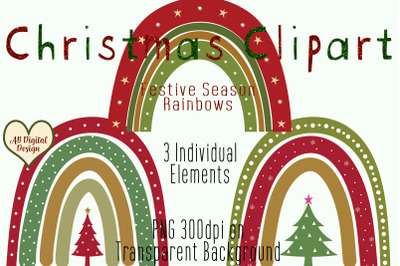 Christmas Clipart, Festive Christmas Rainbows, Christmas Tree