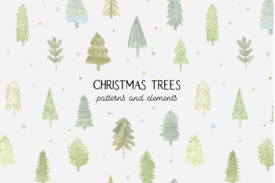 Watercolor Christmas Trees. Patterns and Cliparts