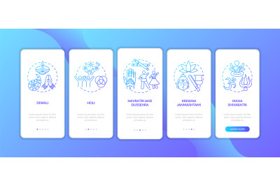 Top Hindu festivals onboarding mobile app page screen with concepts