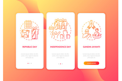 National Indian holidays onboarding mobile app page screen with concep