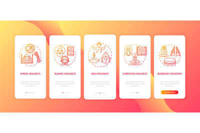 Indian religious holidays onboarding mobile app page screen with conce