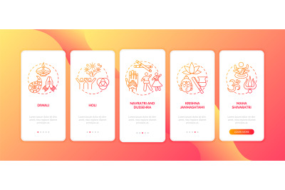 Top Hindu festivals onboarding mobile app page screen with concepts