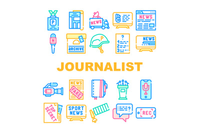 Journalist Accessories Collection Icons Set Vector