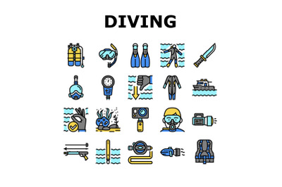 Diving Scuba Equipment Collection Icons Set Vector