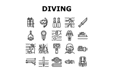 Diving Scuba Equipment Collection Icons Set Vector