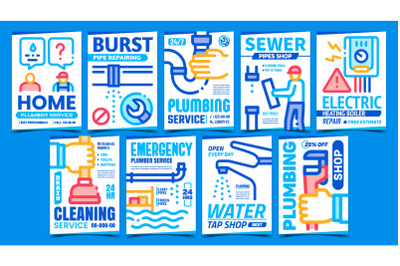 Plumber Service Creative Promo Posters Set Vector