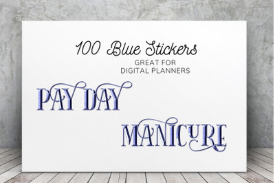 Script Stickers, Blue Digital Stickers Set, Printable Script