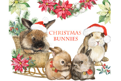 Christmas rabbits watercolor clipart. Christmas card, greetings card