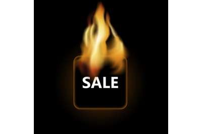 Sale badge in fire isolated on black background