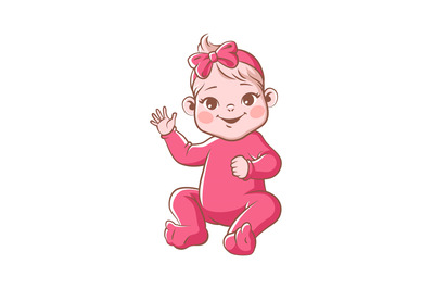 Cute baby girl. Infant blond smiling toddler in pink clothes and ribbo