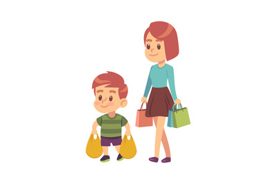 Good manners. Boy helps mom. Polite kid with good manners holding pack