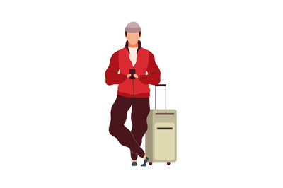 Man with luggage in airport. Cartoon male character in terminal with b