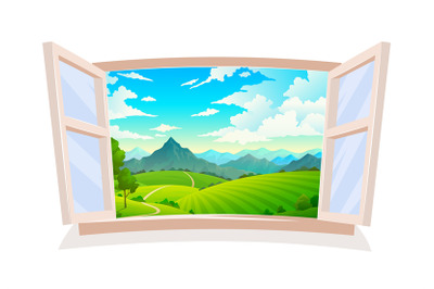 Open window. View from wooden window on landscape, sunny day scene, hi