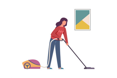 Vacuuming woman. Female character cleaning home with vacuum cleaner, c