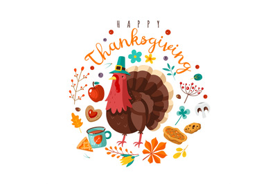 Thanksgiving day. Happy holidays poster with festive character. Holida