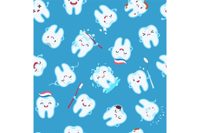 Cute teeth seamless pattern. Funny tooth characters with different emo