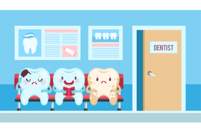 Cute teeth in dental clinic. Dentist waiting room with upset and smili