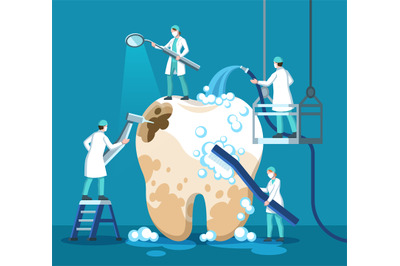 Dentist treating tooth. Small stomatologist&2C; doctor clean big unhealth