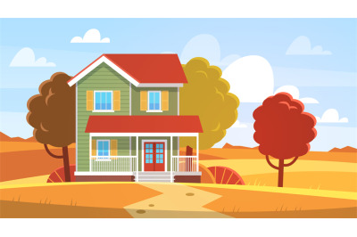 House in autumn. Home in fall landscape, yellow orange foliage trees a