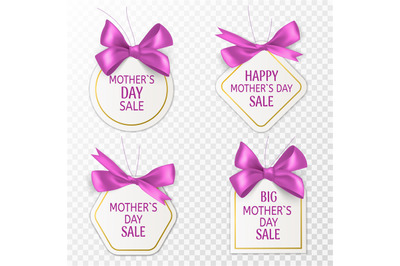 Mother day tags. Cute sale labels with pink bow and ribbon, special re