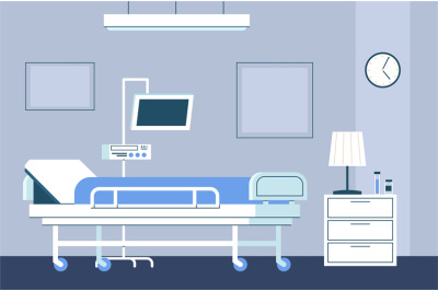 Hospital room interior. Modern intensive therapy ward with bed on whee