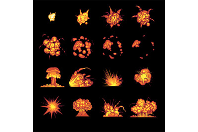 Cartoon explosions. Fire bang effect with smoke, flame and particles,