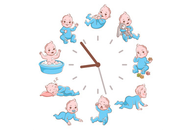 Daily kids routine clocks. Newborn children schedule concept, cartoon