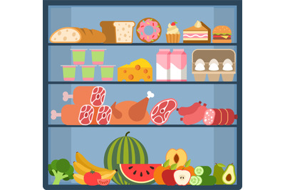 Grocery shelves. Food store assortment on refrigerator showcase, fruit