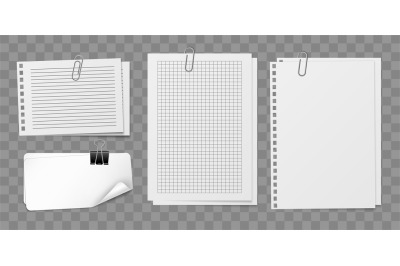 Notepaper sheets with holder and clip. White empty squared notebook pa