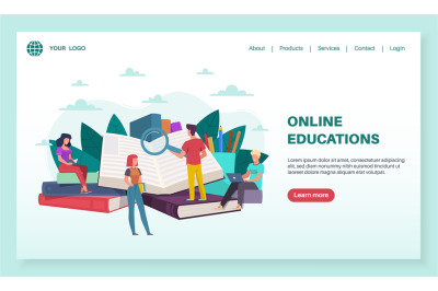 Online education landing page. Tiny people read huge books. Training c