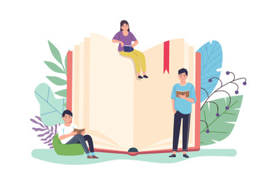 Reading book concept. Huge open textbook and tiny people reading books