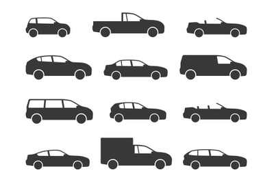 Car icons. Black vehicle side view silhouettes&2C; automobiles for travel