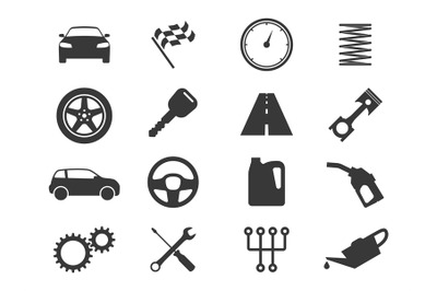 Auto icons. Black vehicle silhouettes&2C; auto service and garage&2C; gas st