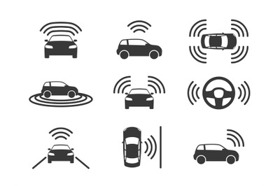 Driverless car icons. Autonomous driving cars&2C; gps navigation on road.