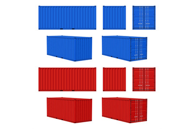 Cargo container. Blue, red cargo containers front, side and perspectiv