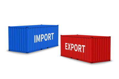 Import and export containers. Cargo blue and red container various ang